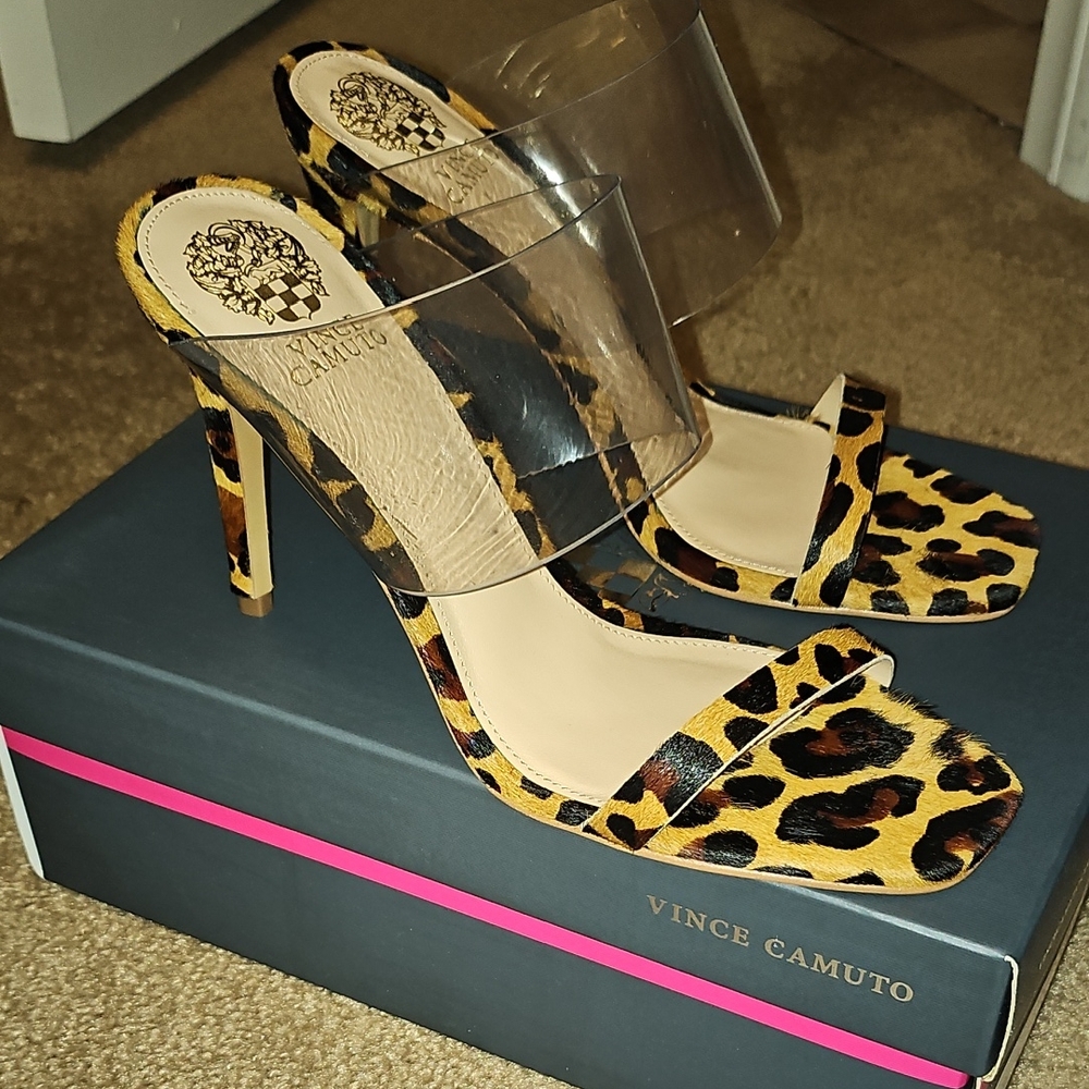 Vince Camuto Animal Print Heels with Transparent Strap